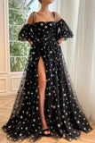 Black Tulle A-line Short Sleeves Long Prom Dresses With Slit, Evening Dresses, SP838