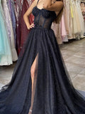Black Tulle A-line Sweetheart Long Prom Dresses With Slit, Evening Dresses, SP791 | a line prom dresses | evening dresses | party dresses | www.simidress.com