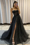 Black Tulle A-line Sweetheart Long Prom Dresses With Slit, Evening Dresses, SP791
