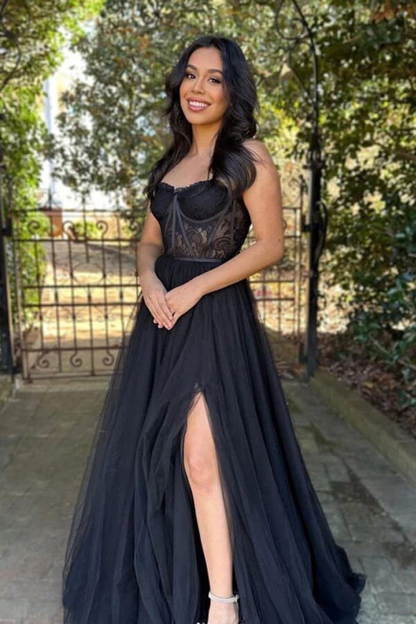 open lace back dress Charming Off The Shoulder Simple Black Long Prom Dresses Party Dresses main image 1