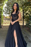 Black Tulle A-line Sweetheart Neck Lace Prom Dresses, Evening Dresses, SP913