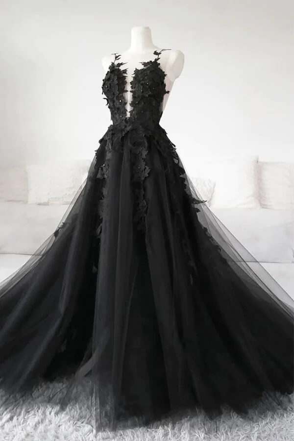 Black Tulle A-line V-neck Prom Dresses With Lace Appliques, Party Dress, SP954 | black prom dress | lace prom dress | evening dresses | simidress.com