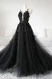 Black Tulle A-line V-neck Prom Dresses With Lace Appliques, Party Dress, SP954