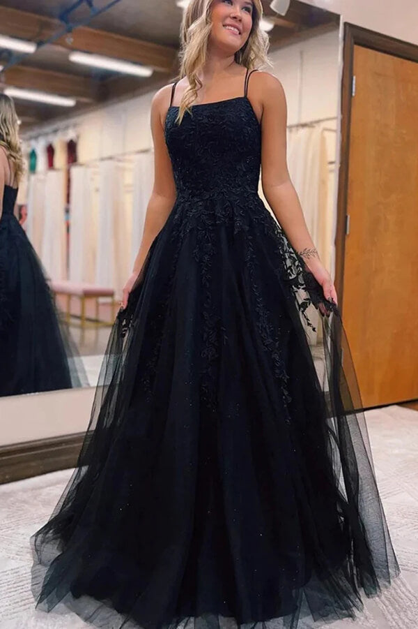 Black Tulle Lace Spaghetti Straps Backless Prom Dresses, Evening Dresses, SP926 | black prom dresses | lace prom dresses | cheap prom dress | simidress.com