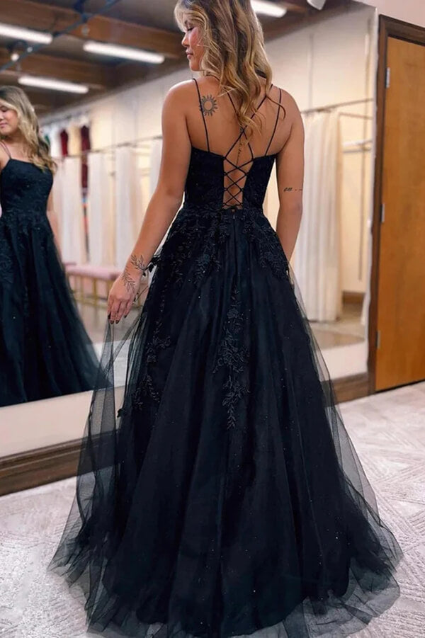 Black Tulle Lace Spaghetti Straps Backless Prom Dresses, Evening Dresses, SP926 | black lace prom dress | prom dress stores | prom dresses for teens | simidress.com