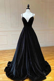 Black Velvet A-line V-neck Spaghetti Straps Prom Dresses, Evening Dresses, SP886