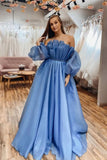 Blue A-line Off-the-Shoulder Long Sleeves Prom Dresses, Evening Gown, SP866 | cheap long prom dress | a line prom dresses | evening dresses | simidress.com