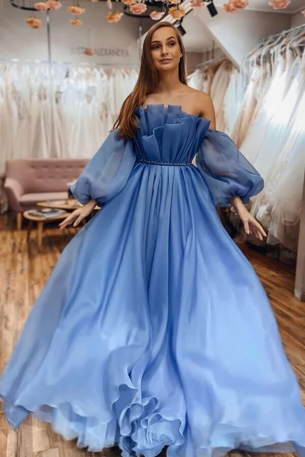 Blue A-line Off-the-Shoulder Long Sleeves Prom Dresses, Evening Gown, SP866 | tulle prom dresses | long formal dresses | simple prom dresses | simidress.com