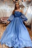 Blue A-line Off-the-Shoulder Long Sleeves Prom Dresses, Evening Gown, SP866