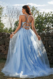 Blue A-line Sleeveless Spaghetti Straps Prom Dresses With Lace Appliques, SP851 | tulle prom dresses | cheap prom dresses | party dresses | a line prom dresses | simidress.com