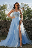 Blue A-line Sleeveless Spaghetti Straps Prom Dresses With Lace Appliques, SP851