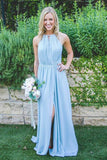 Blue Chiffon A-line Floor Length Long Bridesmaid Dresses With High Split, BD126