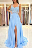 Blue Chiffon A-line Lace Appliques Prom Dresses, Long Formal Dresses, SP865