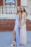 Blue Mermaid Sequins Spaghetti Straps V-neck Prom Dresses With Split, SP880 | sequins prom dresses | blue prom dresses | cheap long prom dresses | simidress.com