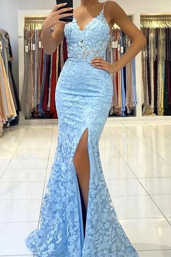 Blue Mermaid V-neck Pearl Straps Lace Appliques Prom Dresses With Slit, SP953 | mermaid prom dress | lace prom dress | evening gown | simidress.com