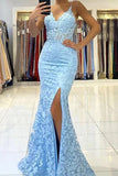 Blue Mermaid V-neck Pearl Straps Lace Appliques Prom Dresses With Slit, SP953