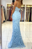 Blue Mermaid V-neck Pearl Straps Lace Appliques Prom Dresses With Slit, SP953 | cheap prom dresses online | long formal dress | evening gown | simidress.com