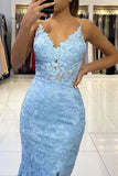 Blue Mermaid V-neck Pearl Straps Lace Appliques Prom Dresses With Slit, SP953 | party dress | prom dresses for teens | evening dresses | simidress.com