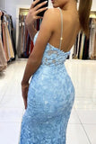 Blue Mermaid V-neck Pearl Straps Lace Appliques Prom Dresses With Slit, SP953 | evening long dress | mermaid lace prom dress | cheap prom dress online | simidress.com