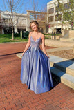 Blue Satin A-line Beaded Long Prom Dresses, Lace Appliqued Evening Gown, SP768 | beaded lace prom dress | shiny prom dresses | evening dresses | www.simidress.com