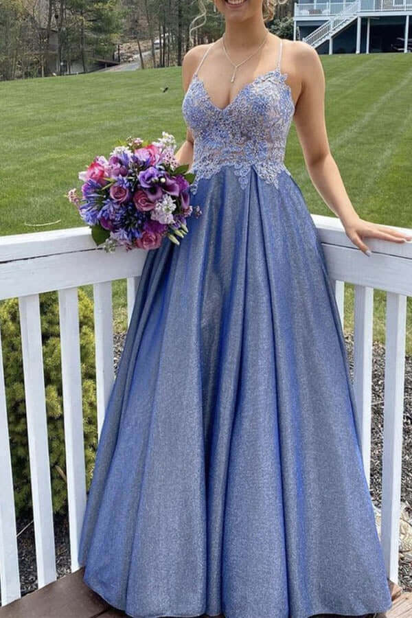 Blue Satin A-line Beaded Long Prom Dresses, Lace Appliqued Evening Gown, SP768 | long prom dresses | blue prom dress | a line prom dresses | www.simidress.com