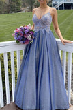 Blue Satin A-line Beaded Long Prom Dresses, Lace Appliqued Evening Gown, SP768