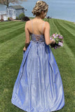 Blue Satin A-line Beaded Long Prom Dresses, Lace Appliqued Evening Gown, SP768 | lace prom dresses | long formal dresses | sparkly prom dresses | www.simidress.com