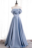 Blue Satin A-line Off-the-Shoulder Beaded Prom Dresses, Evening Gown, SP774