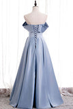 Blue Satin A-line Off-the-Shoulder Beaded Prom Dresses, Evening Gown, SP774 | long formal dresses | evening dresses | party dresses | www.simidress.com