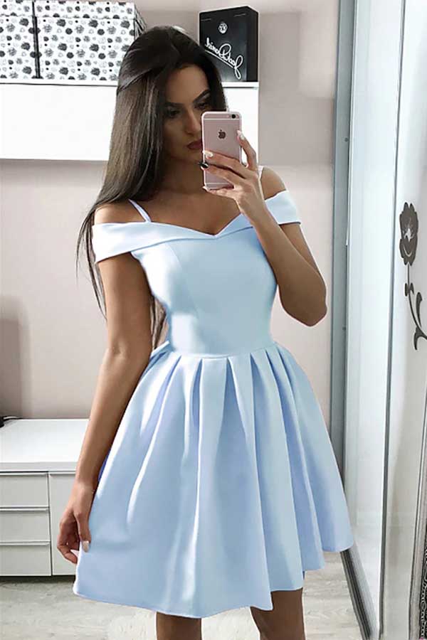 Blue Satin A-line Off-the-Shoulder Short Prom Dresses, Homecoming Dresses, SH616 | blue homecoming dresses | simple homecoming dresses | cheap homecoming dresses | simidress.com