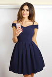 Blue Satin A-line Off-the-Shoulder Short Prom Dresses, Homecoming Dresses, SH616 | navy blue homecoming dresses | school event dresses | sweet 16 dress | simidress.com