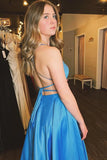 Blue Satin A-line Spaghetti Straps Long Prom Dress With Slit, Evening Dress, SP879 | a line prom dresses | blue prom dresses | satin prom dress | simidress.com