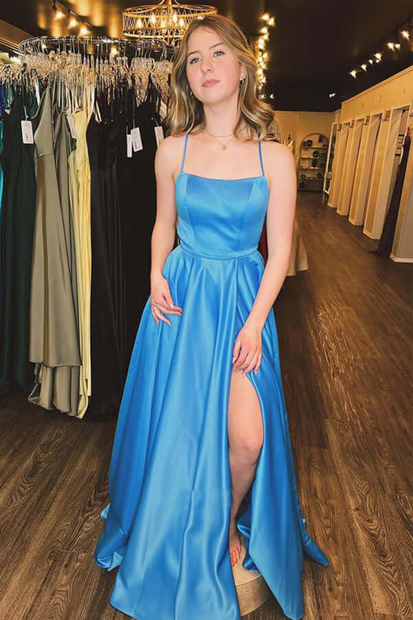 Blue Satin A-line Spaghetti Straps Long Prom Dress With Slit, Evening Dress, SP879 | simple prom dresses | cheap prom dresses | party dress | simidress.com