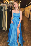 Blue Satin A-line Spaghetti Straps Long Prom Dress With Slit, Evening Dress, SP879