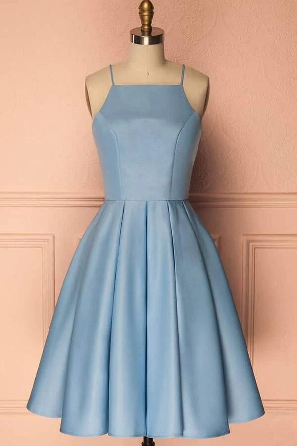 ​Blue Satin Halter A-line Homecoming Dress, Party Dress, Short Prom Dress, SH566 | short homecoming dress | satin homecoming dresses | school event dresses | www.simidress.com