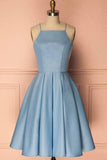 Blue Satin Halter A-line Homecoming Dress, Party Dress, Short Prom Dress, SH566