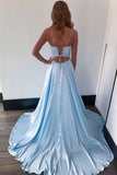 Blue Satin Lace Top Spaghetti Straps Long Prom Dresses With Side Slit, SP890 | a line prom dresses | prom dress | prom | long prom dress online | simidress.com