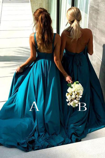 Blue Simple V-neck Long Bridesmaid Dresses with Side Slit, Wedding ...