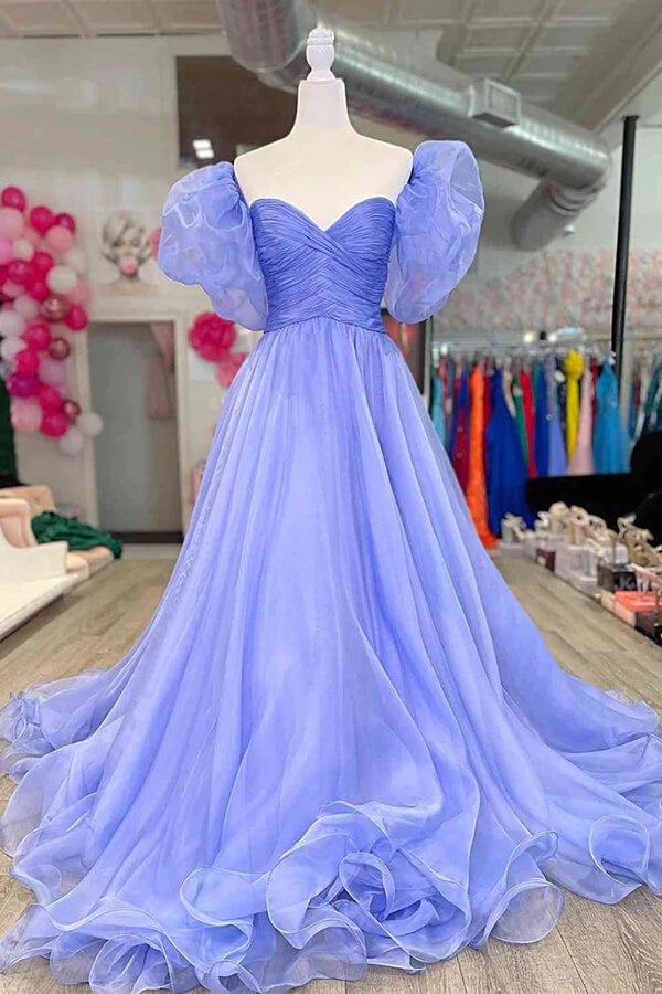 Blue Tulle A line Puff Sleeves Pleated Prom Dresses SP860 Simidress