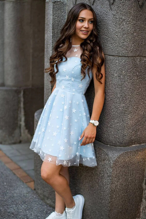 Blue Tulle A-line Scoop Neck Homecoming Dresses SH576