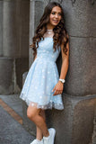 Blue Tulle A-line Scoop Neck Homecoming Dresses, Short Prom Dresses, SH576