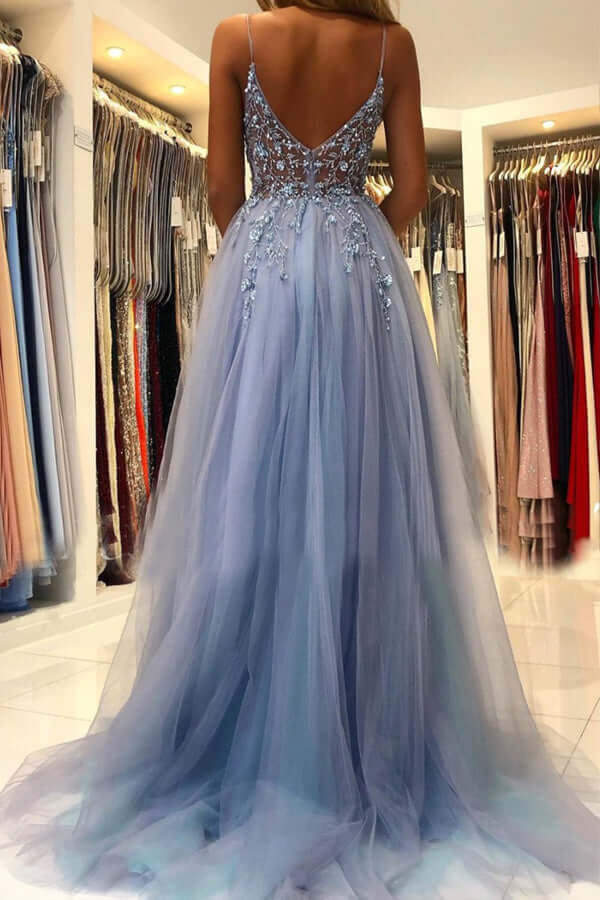 Blue Tulle A-line V-neck Beaded Long Prom Dresses, Evening Dress With Slit, SP760 | beaded prom dresses | long formal dress | evening gown | www.simidress.com