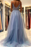 Blue Tulle A-line V-neck Beaded Long Prom Dresses, Evening Dress With Slit, SP760 | beaded prom dresses | long formal dress | evening gown | www.simidress.com