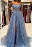 Blue Tulle A-line V-neck Beaded Long Prom Dresses, Evening Dress With Slit, SP760