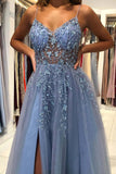 Blue Tulle A-line V-neck Beaded Long Prom Dresses, Evening Dress With Slit, SP760 | a line beaded prom dresses | cheap prom dress | evening dresses | www.simidress.com