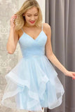 Blue Tulle A-line V-neck Cheap Homecoming Dresses, Short Prom Dresses, SH598