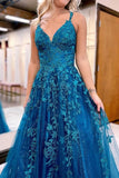 Blue Tulle A-line V-neck Lace Appliques Long Prom Dresses, Evening Gown, SP921 | new arrivals prom dresses | blue prom dresses online | long formal dresses | simidress.com