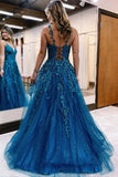 Blue Tulle A-line V-neck Lace Appliques Long Prom Dresses, Evening Gown, SP921 | lace prom dress | tulle long prom dress | evening dress | simidress.com