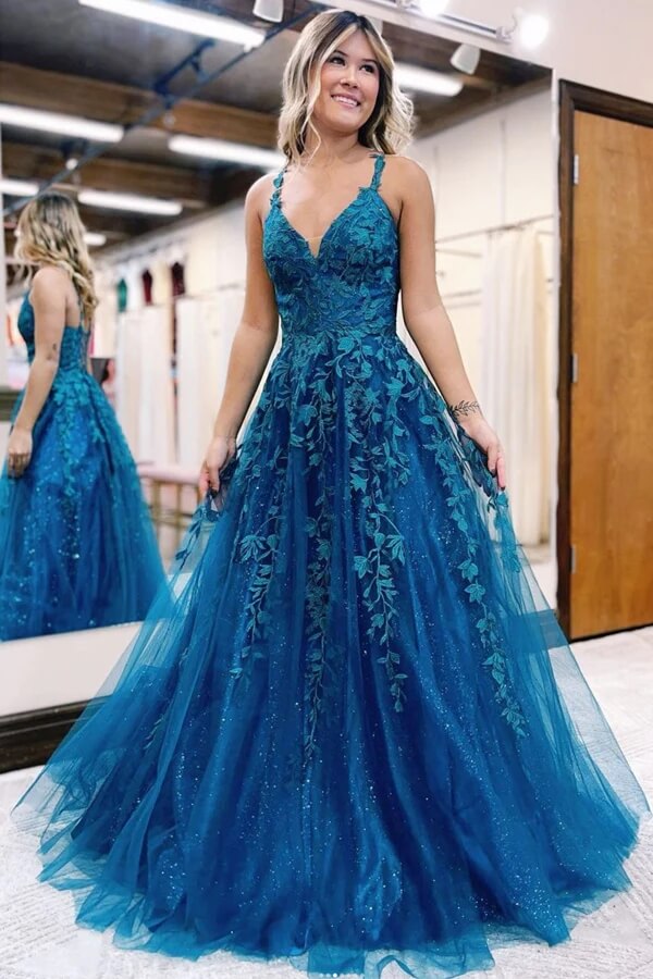Blue Tulle A-line V-neck Lace Appliques Long Prom Dresses, Evening Gown, SP921 | blue prom dresses | a line prom dress | cheap prom dress | simidress.com