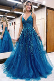 Blue Tulle A-line V-neck Lace Appliques Long Prom Dresses, Evening Gown, SP921